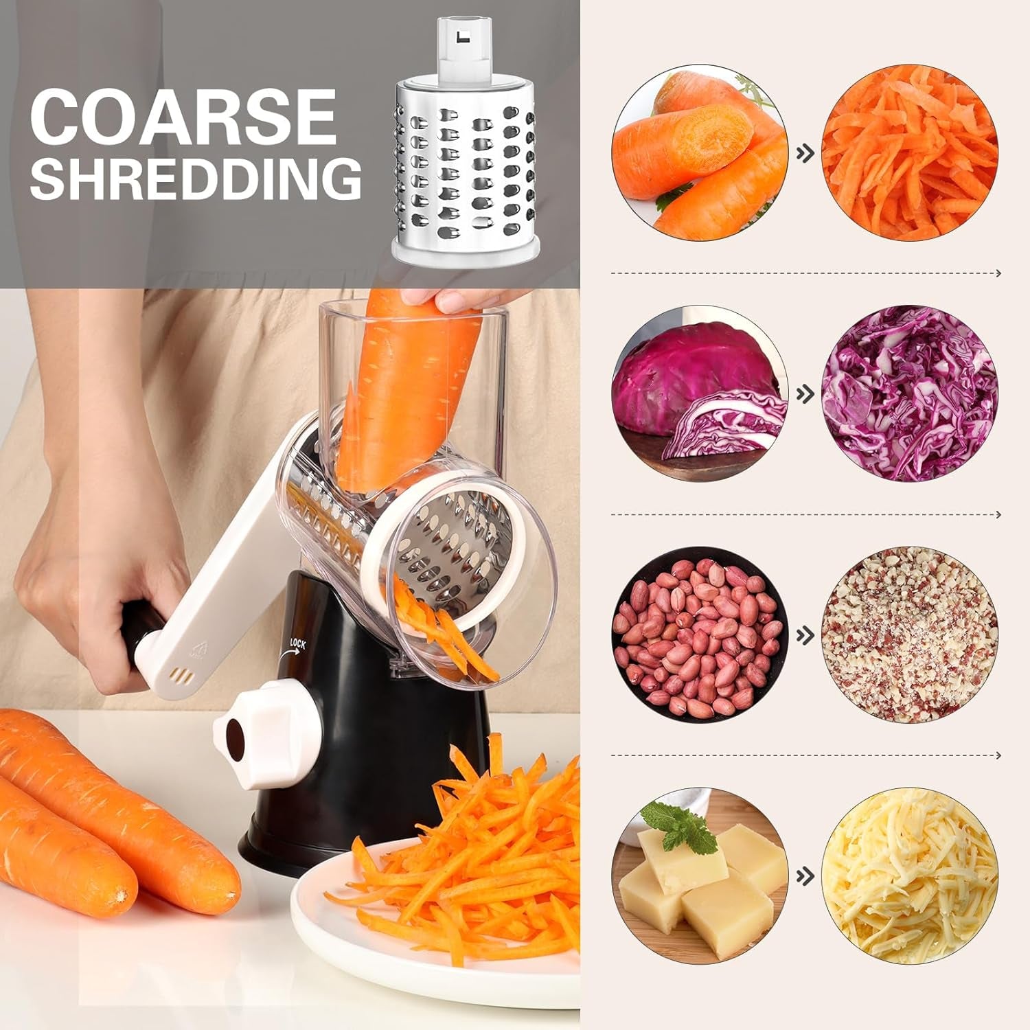 Rotary Cheese Grater Hand Crank Cheese Shredder for Fresh Cheese, Vegetable, Nuts,Non-Slip Suction Base, Three Blades, Black