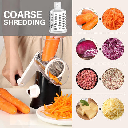 Rotary Cheese Grater Hand Crank Cheese Shredder for Fresh Cheese, Vegetable, Nuts,Non-Slip Suction Base, Three Blades, Black