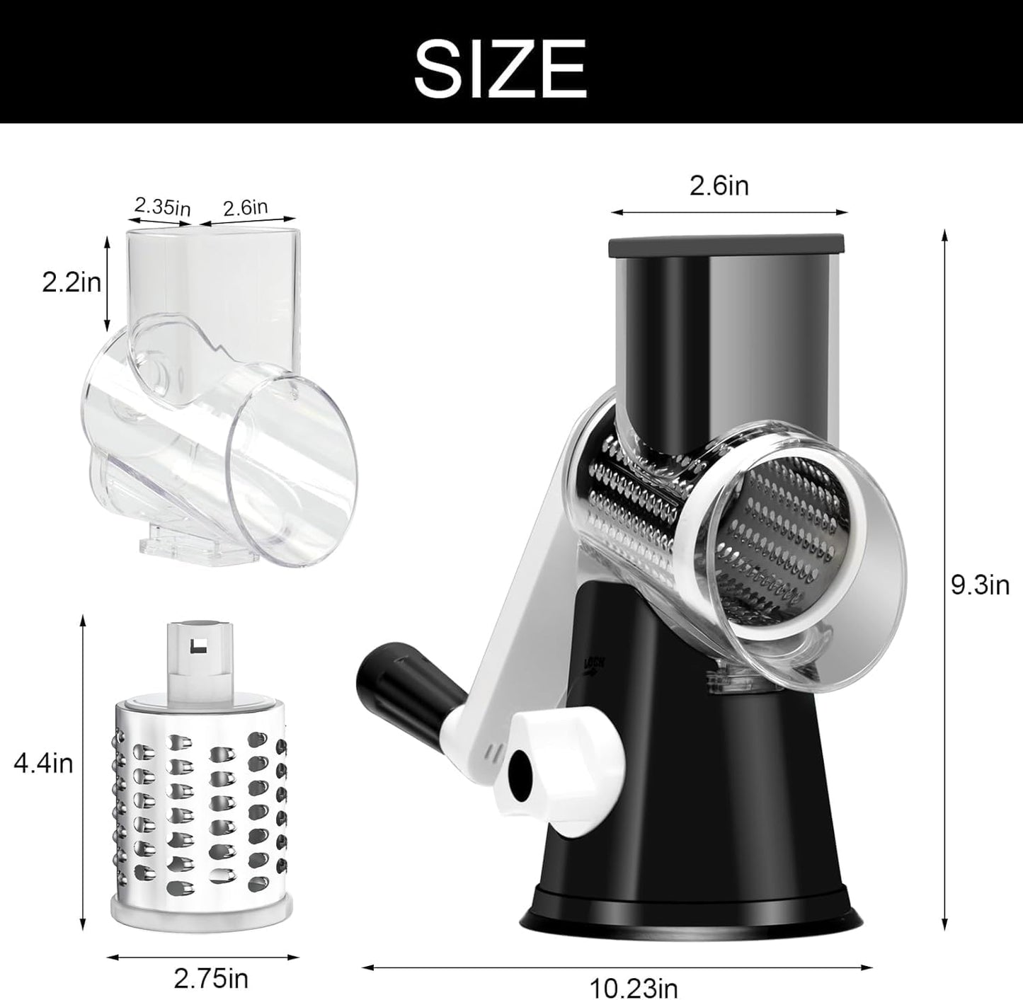 Rotary Cheese Grater Hand Crank Cheese Shredder for Fresh Cheese, Vegetable, Nuts,Non-Slip Suction Base, Three Blades, Black