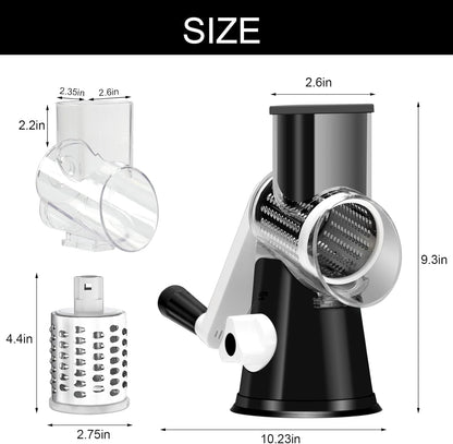 Rotary Cheese Grater Hand Crank Cheese Shredder for Fresh Cheese, Vegetable, Nuts,Non-Slip Suction Base, Three Blades, Black