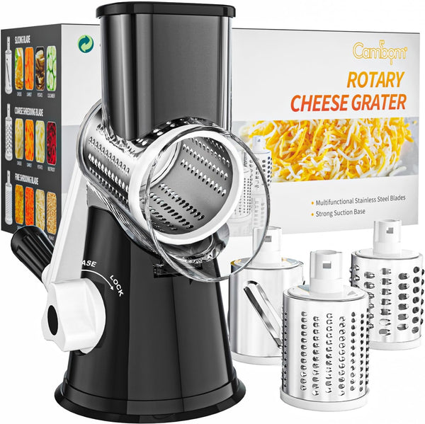 Rotary Cheese Grater Hand Crank Cheese Shredder for Fresh Cheese, Vegetable, Nuts,Non-Slip Suction Base, Three Blades, Black