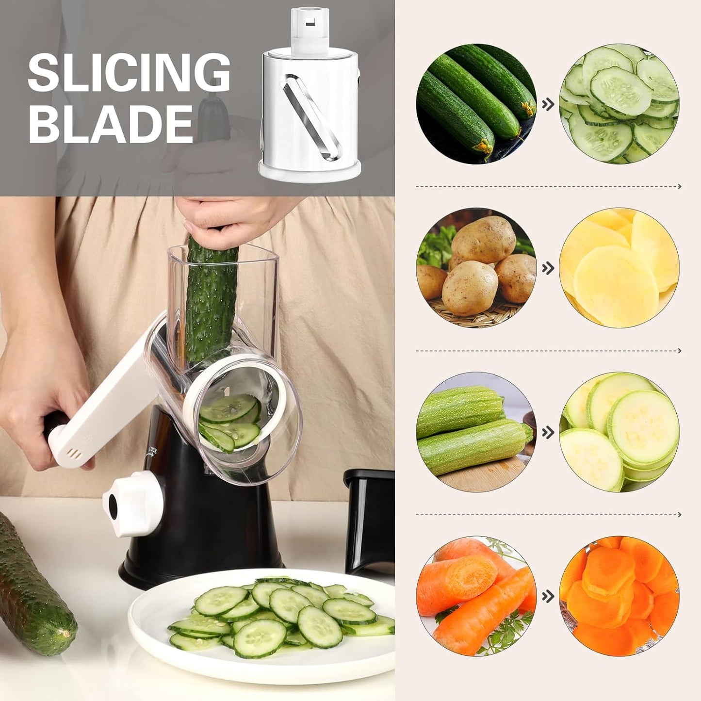 Rotary Cheese Grater Hand Crank Cheese Shredder for Fresh Cheese, Vegetable, Nuts,Non-Slip Suction Base, Three Blades, Black
