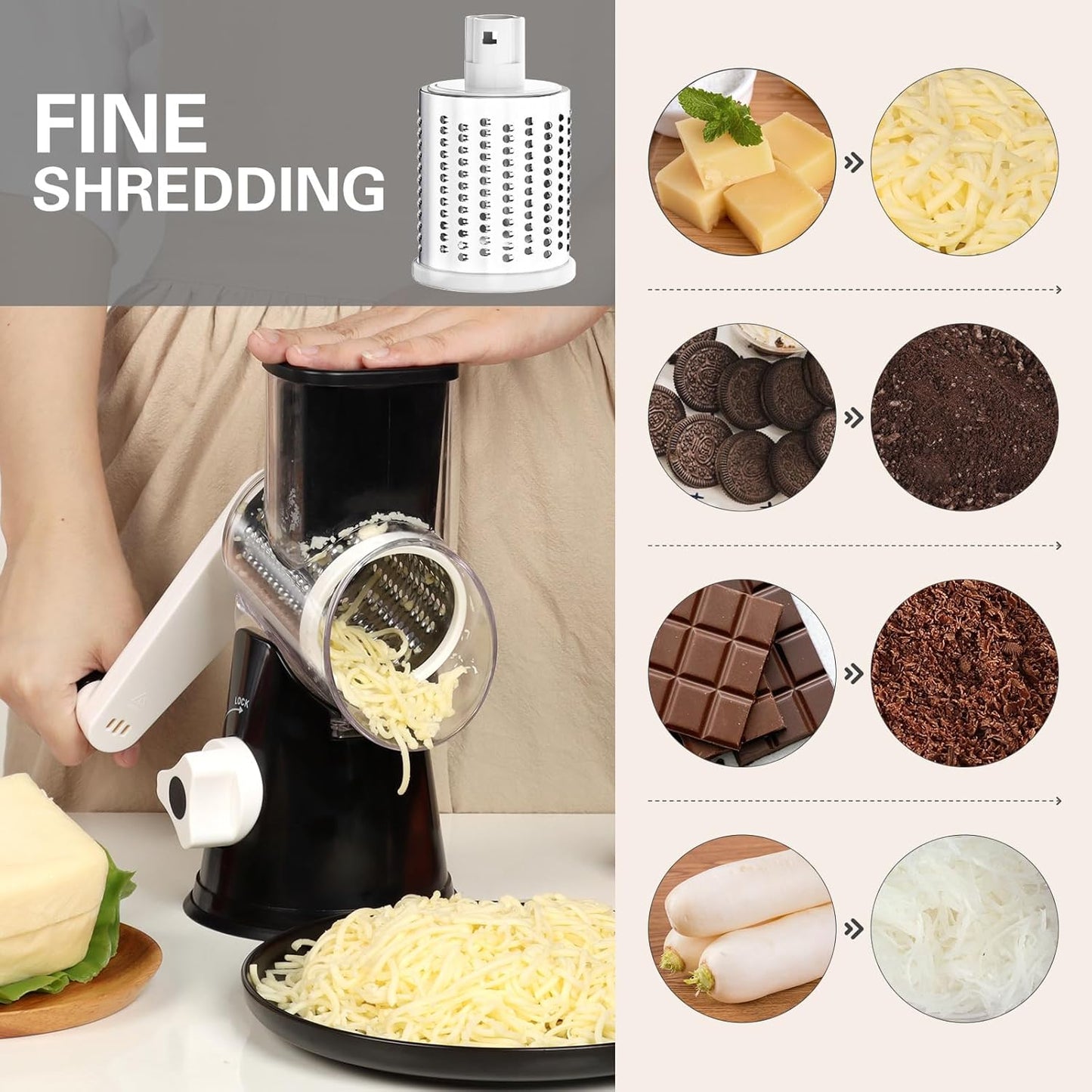 Rotary Cheese Grater Hand Crank Cheese Shredder for Fresh Cheese, Vegetable, Nuts,Non-Slip Suction Base, Three Blades, Black