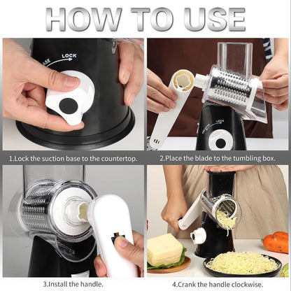 Rotary Cheese Grater Hand Crank Cheese Shredder for Fresh Cheese, Vegetable, Nuts,Non-Slip Suction Base, Three Blades, Black
