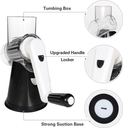 Rotary Cheese Grater Hand Crank Cheese Shredder for Fresh Cheese, Vegetable, Nuts,Non-Slip Suction Base, Three Blades, Black